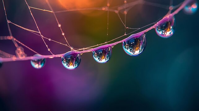 Macro shot of water droplets on delicate spider silk thread