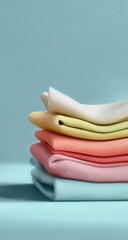 A neatly stacked pile of pastel-colored folded fabrics rests on a light blue surface against a matching backdrop, casting a subtle shadow