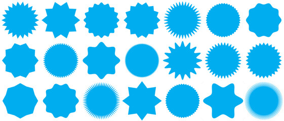 Set of blue starburst. Price sticker, sale sticker, price tag, starburst, quality mark, retro stars, sale. Circle sticker set. Blue starburst shape tags for price tags 