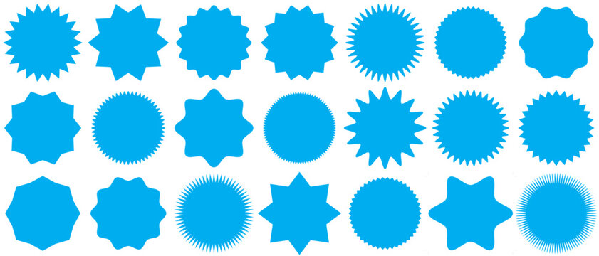 Set of blue starburst. Price sticker, sale sticker, price tag, starburst, quality mark, retro stars, sale. Circle sticker set. Blue starburst shape tags for price tags 