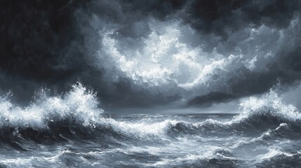 Stormy sea at night, dramatic clouds, powerful waves, artistic painting, use for wallpapers, prints, posters