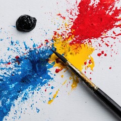 A paintbrush rests amidst vibrant splotches of blue, yellow, red, and black paint on a white surface; a dynamic, expressive display of color and texture