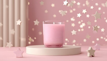 A pale pink candle sits on a round pedestal against a pink backdrop strewn with falling pastel stars and vertical beige drapes.  The scene is digitally rendered, showcasing a minimalist aesthetic