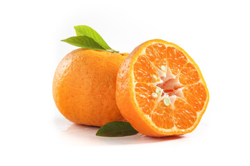 Fresh Mandarin Oranges with Green Leaves on White Background