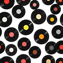 Many black vinyl records, various colored labels, on white background