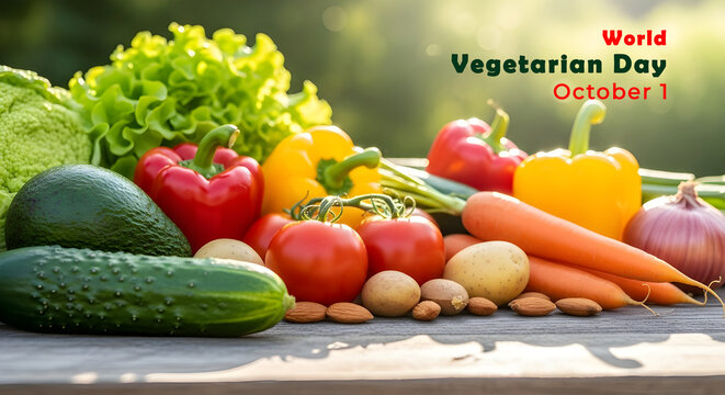 World Vegetarian Day October 1 Fresh vegetables and nuts arranged on a rustic wooden surface vegan
