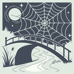 Obraz premium Vector art of a spooky halloween night scene featuring a bridge over a stream, a large spiderweb, a full moon, and twinkling stars, creating a mysterious and eerie atmosphere