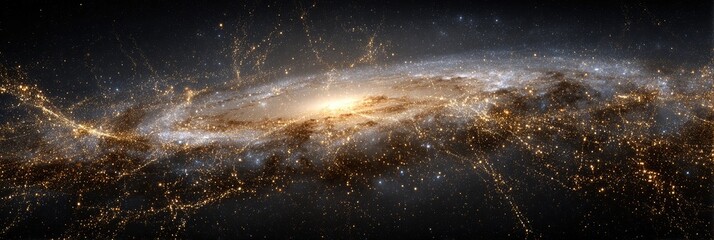 A panoramic view of a spiral galaxy, showcasing its luminous core and intricate, swirling arms of stars and cosmic dust, set against a backdrop of a dark, star-studded universe