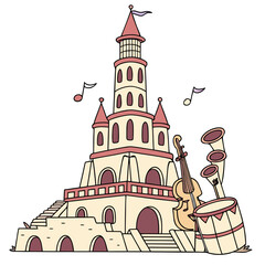Vector art of fantasy castle illustration with musical instruments, showcasing a violin, drum, and trumpet, creating a whimsical and imaginative scene of musical architecture