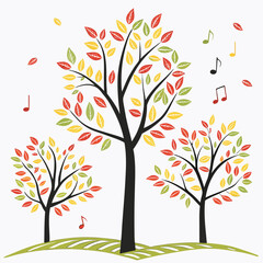 Obraz premium Vector art of three trees with colorful leaves and musical notes, creating a whimsical and harmonious scene, perfect for autumnthemed designs