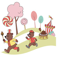 Vector art of two cute bears are running in a candy land with lollipop trees, a circus tent, and a chocolate cake, creating a whimsical and playful scene