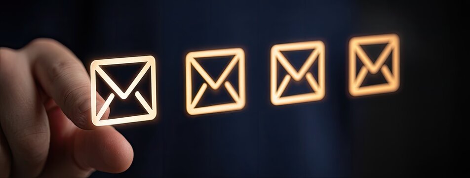 A hand points to glowing email icons on a dark surface