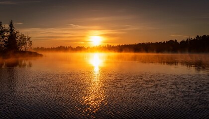 Golden Sunset Reflected On Rippling Water With Fog In The Distance Ai Generative