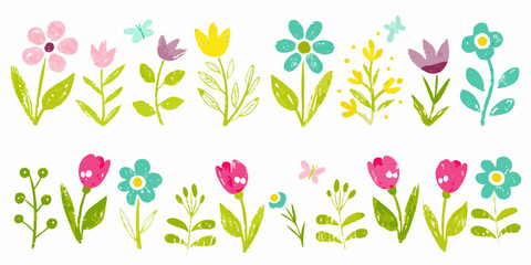 Collection of hand drawn whimsical spring flowers and butterflies in pastel colors on a white background