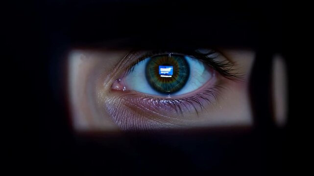 Intense gaze watching digital content reflected in eyes cinematic video