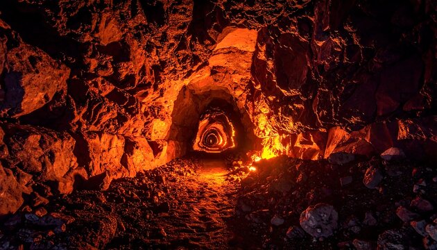 Dark tunnel lit by fire, rocky walls