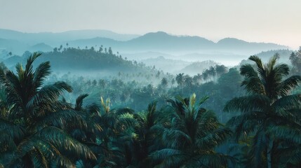 Misty mountain landscape with lush green vegetation and palm trees