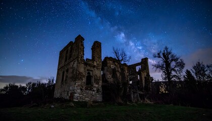 Obraz premium Dilapidated stone building under a vivid starry night sky, trees silhouetted against the celestial display