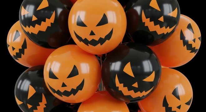 Spectacular halloween arrangement featuring black and orange balloons with spooky jack-o'-lantern - Powered by Adobe
