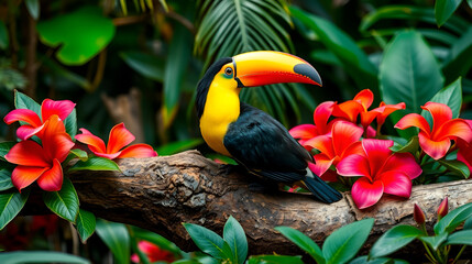 A keel billed toucan resting on a log with vivid jungle flowers around