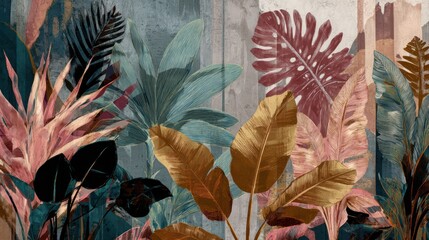 Tropical jungle foliage with vibrant pink gold and teal leaves