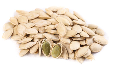 Raw Pumpkin Seeds with Green Kernels on White Background - Healthy Snack Food