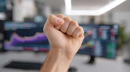 Young trader clenching fist in victory, celebrating success in trading with stock market charts in background, showcasing determination and achievement