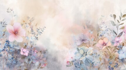 Soft watercolor floral background with delicate pastel flowers and leaves