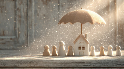 Small wooden house and figures under umbrella with sunlight streaming through, creating warm and cozy atmosphere