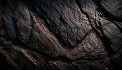 Close Up Of A Dark Textured Rock Surface With Natural Grooves And Rugged Details Illuminated By Soft Light From The Right Side