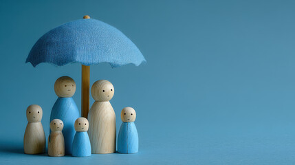 Wooden family figurines under blue umbrella on blue background, symbolizing protection and unity