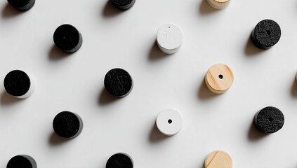 Patterned circles, black, white, light brown, on white background