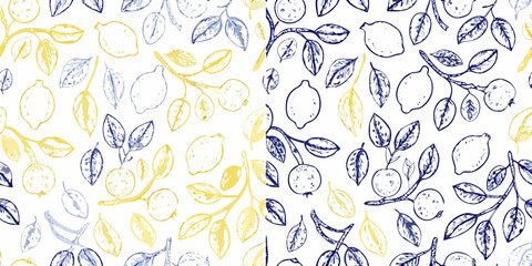 Hand drawn lemon and leaf pattern in yellow and blue watercolor on white background