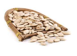 Raw Pumpkin Seeds in Woven Basket Isolated on White Background - Healthy Natural Snack Food Ingredient