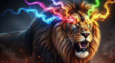 Majestic lion emanating vibrant spectral energy streams powerful mystical concept