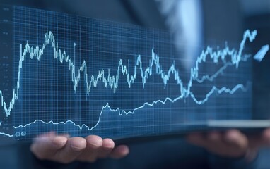 Businessperson holding tablet displaying fluctuating stock market graph