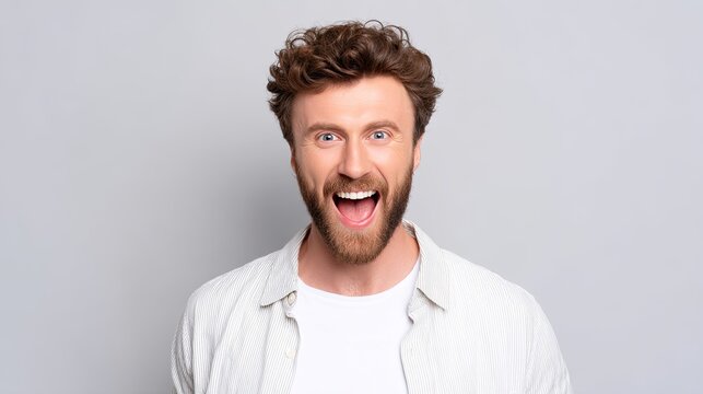 Closeup of man with curly hair and beard, expressing joy with wide smile and raised eyebrows, showcasing cheerful demeanor against neutral background