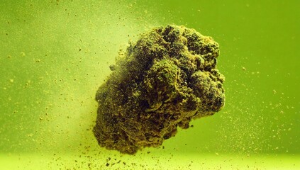 Dried cannabis nug in mid-air, surrounded by particles