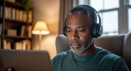 Mature african american man enjoying a digital tablet with headphones at home relaxing in his
