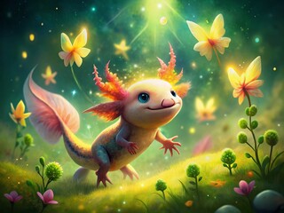 Naklejka premium Happy Axolotl Chasing Butterflies in Magical Meadow - Serene Children's Book Illustration