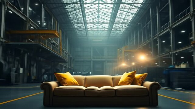 A sofa with yellow cushions is placed in a manufacturing factory environment.4k video
