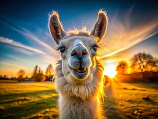 Obraz premium Happy Llama Macro Portrait: Golden Hour, Wide Angle, Adorable Paws