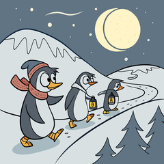 Vector art of a whimsical winter adventure unfolds as three penguins journey through a snowy landscape under a crescent moon, lanterns in tow, amidst snowladen fir trees