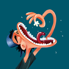 Funny man with oversized mouth eating popcorn