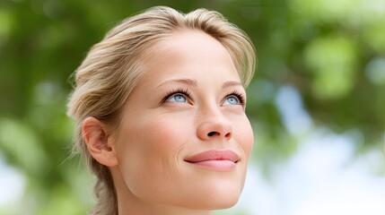 Fototapeta premium Closeup of woman eyes filled with hope, gazing upward with serene expression. background features soft green foliage, enhancing feeling of tranquility and optimism
