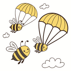 Vector art of delightful bees gracefully descend from the sky with parachutes, creating a whimsical and charming scene against an