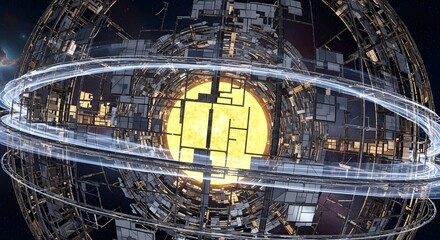Detailed view of a Dyson sphere, a hypothetical megastructure around a star.