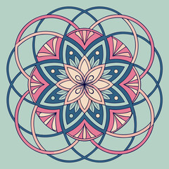 Vector art of intricate geometric mandala design featuring interlocking circles and stylized floral elements, creating a harmonious and balanced composition on a mint green background, art