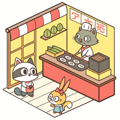 Vector art of isometric illustration of a cat selling dango to a raccoon and a fox cute animals cartoon characters japanese traditional sweets