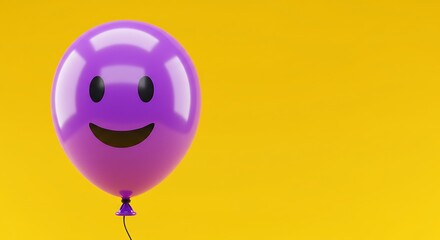 A single purple balloon with a smiley face floats against a vibrant yellow background.
